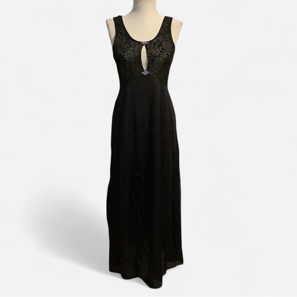 Sexy Vintage Chemise Black Lace Peek a Boo Bodice Sheer Nylon Long Gown